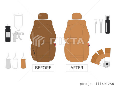 Leather car seats restoration before and after. Collection of isolated auto service tools. Repair cleaning painting interior automobile. Vector illustration in flat 111691750
