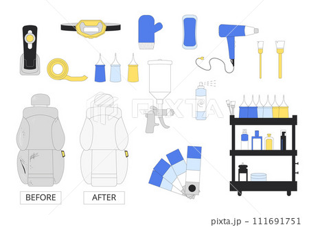 Leather car seats restoration. Collection of isolated auto service tools. Repair cleaning painting interior automobile. Vector illustration in flat with outline 111691751