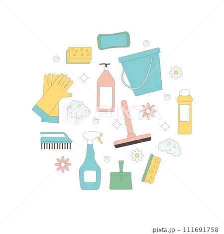 Cleaning spring circle shape isolated on white background. Season wash home tools in round shape. Vector flat with outline illustration 111691758