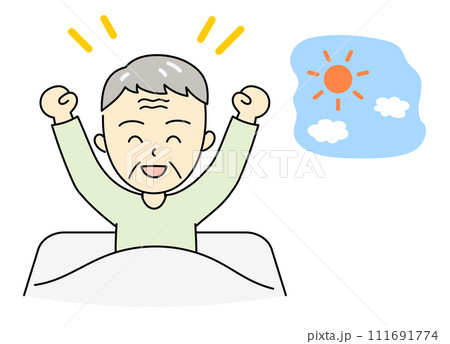 良い睡眠をとり朝にスッキリ起床する健康なおじいさん 111691774