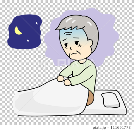 夜中に眠れなくてつらそうな不眠症のおじいさん 夜中に眠れなくてつらそうな不眠症のおじいさん 111691778