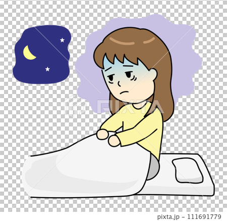 一位患有失眠症的年輕女性晚上難以入睡 111691779