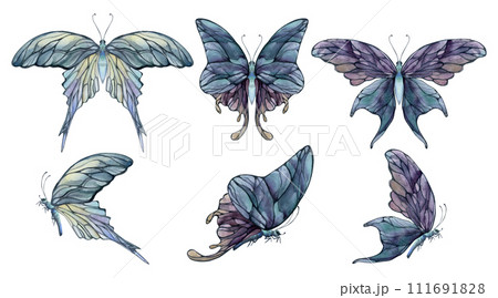 Hand drawn watercolor illustration butterfly fairy wings gem crystal insect moth. Amethyst opal moonstone fluorite. Set of objects isolated on white background. Design print, shop, wedding, birthday 111691828