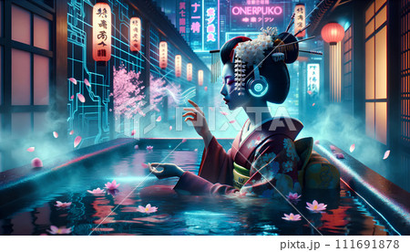 Cyberpunk Geisha in Neon Onsen with Cherry...のイラスト素材 [111691878] - PIXTA