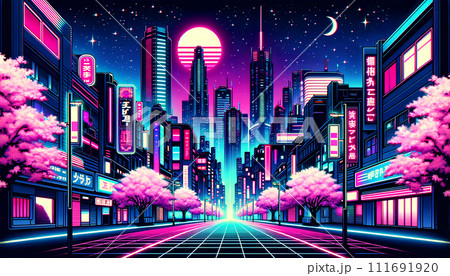 Neon Glow Synthwave Cityscape: Futuristic Tokyo Night Skyline in Vibrant Pink and Blue Hues. 111691920