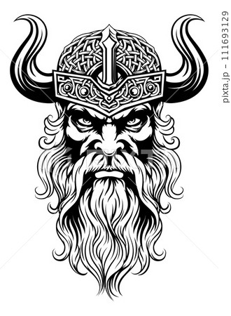 Viking Warrior Man Strong Mascot Face in Helmet Viking Warrior Man Strong Mascot Face in Helmet 111693129