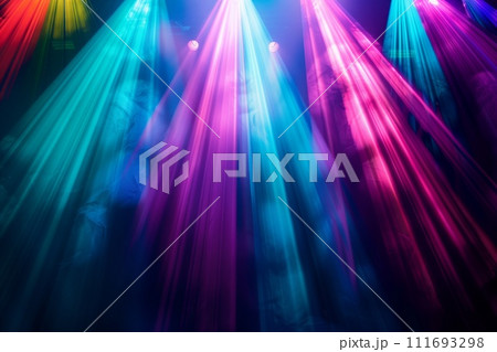 AI-generated content. Vibrant Stage Lights with Colorful Beams on Black Background AI-generated content. Vibrant Stage Lights with Colorful Beams on Black Background 111693298