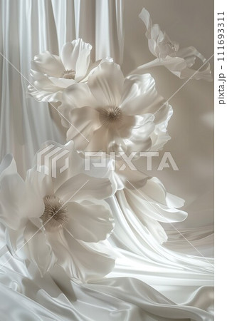 AI-generated content. Artistic White Floral Design on Drapery 111693311
