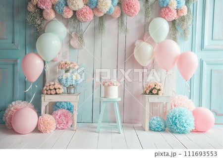 AI-generated content. Colorful First Birthday Celebration with Cake and Balloons 111693553
