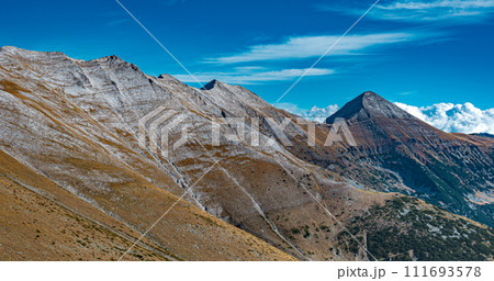 View of the Vihren peak from the Sukhodolsky pass. Trekking route to Bansko - Yavorov hut - Vihren hut. 111693578