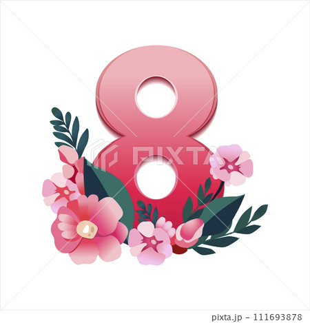 Vector handdrawn red text with pink flowers by 8 march. Isolated Number eight by women day. Flat Vector handdrawn red text with pink flowers by 8 march. Isolated Number eight by women day. Flat 111693878
