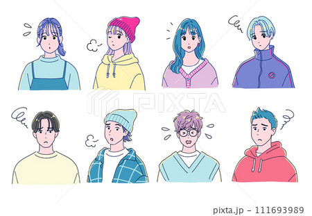 アニメ風のおしゃれな困り顔の男女8人セット 111693989