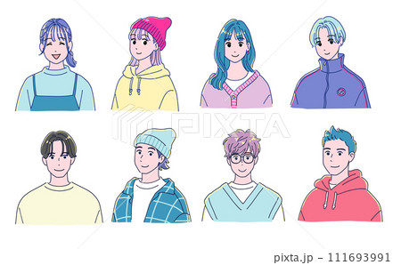 アニメ風のおしゃれな笑顔の男女8人セット 111693991
