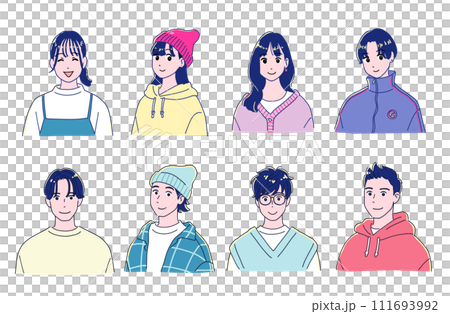 Set of 8 men and women with stylish anime-style smiles 111693992