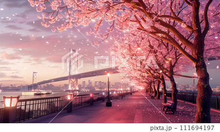 夕暮れの春のベイブリッジと歩道、ピンクの満開の桜 111694197