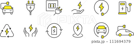 電気とエコカーに関するカラーの線画アイコンセット 電気とエコカーに関するカラーの線画アイコンセット 111694379