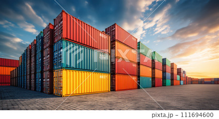 AI-generated content. Colorful Cargo Delivery at Industrial Harbor: Exporting Trade and Freight Composed in Intermodal Containers against Sky Blue and Orange Background AI-generated content. Colorful Cargo Delivery at Industrial Harbor: Exporting Trade and Freight Composed in Intermodal Containers against Sky Blue and Orange Background 111694600