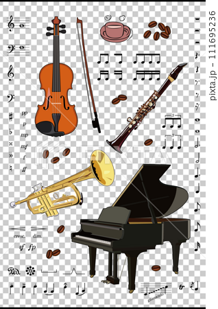 楽器のイラストを使った、音楽をテーマにした楽器素材 111695236