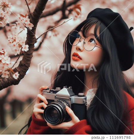 カメラを持って桜を見つめる女性 111695798