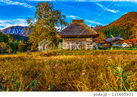 秋の風景＿大山と茅葺屋根の小屋 111695931