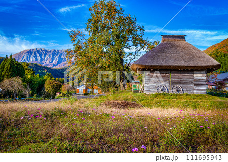 秋の風景＿大山と茅葺屋根の小屋 111695943