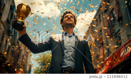 Businessman Successful Achieving Victory by Catching Golden Trophy Corporate Excellence Concept, Generative Ai Businessman Successful Achieving Victory by Catching Golden Trophy Corporate Excellence Concept, Generative Ai 111696012