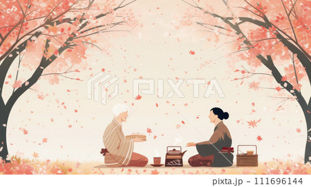 桜の木の下でお茶をする高齢の家族 111696144