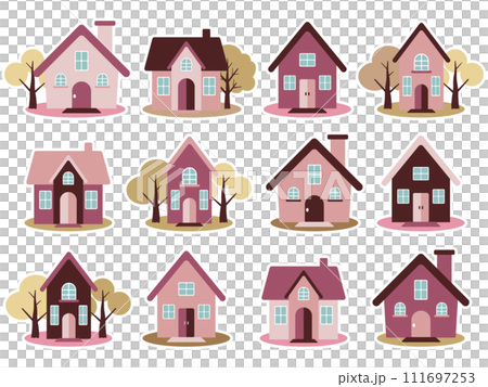 Set of 12 Scandinavian-style houses, Autumn, with white border 111697253