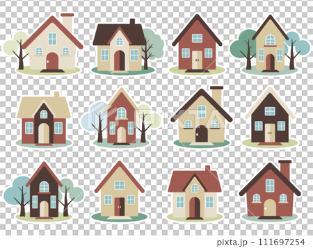 Set of 12 Scandinavian-style houses, Spring & Summer, with white border 111697254