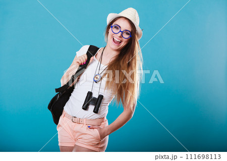 Tourist woman in summer hat portrait Tourist woman in summer hat portrait 111698113