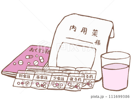 一包化された抗精神病薬　お薬手帳　コップに入った水 111699386