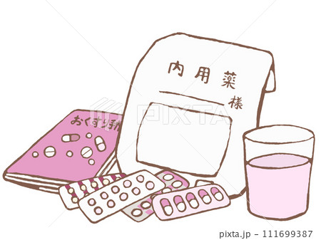 ヒートに入った抗精神病薬　お薬手帳　コップに入った水 111699387