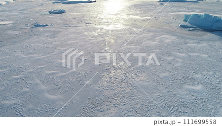 Frozen Antarctica wild nature landscape aerial view. Drone fly over the untouched wilderness of Antarctic icebergs in ice covered ocean. Desert white land of snow. Discover the beauty of South Pole Frozen Antarctica wild nature landscape aerial view. Drone fly over the untouched wilderness of Antarctic icebergs in ice covered ocean. Desert white land of snow. Discover the beauty of South Pole 111699558