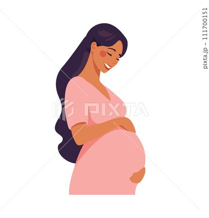 A contented pregnant woman in a pink dress tenderly holds her belly, a moment of maternal bonding and anticipation. Flat cartoon vector illustration. 111700151