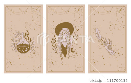 Set of three tarot cards, heavenly and mystical motifs, witch with magic potion, female hand with feather, boho tattoos, vector illustration. 111700152