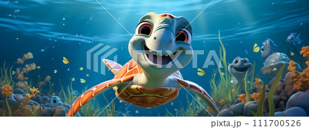 Illustration of a happy turtle smiling under the sea. Colourful cartoon coral under water in ocean. Generative Ai. 111700526