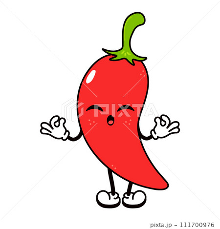 Chili pepper doing yoga character. Vector hand drawn traditional cartoon vintage, retro, kawaii character illustration icon. Isolated on white background. Chili pepper relax character Chili pepper doing yoga character. Vector hand drawn traditional cartoon vintage, retro, kawaii character illustration icon. Isolated on white background. Chili pepper relax character 111700976