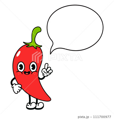 Chili pepper with speech bubble character. Vector hand drawn traditional cartoon vintage, retro, kawaii character illustration icon. Isolated white background. Chili pepper character Chili pepper with speech bubble character. Vector hand drawn traditional cartoon vintage, retro, kawaii character illustration icon. Isolated white background. Chili pepper character 111700977