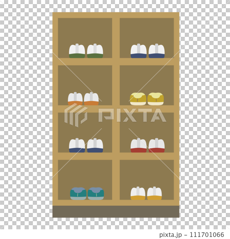 Illustration of indoor shoes in a shoe rack at a school entrance 111701066