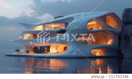 AI-generated content. A digital illustration of a modern, white, organic-shaped building set against 111701546
