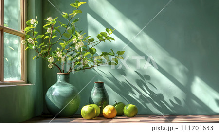 AI-generated content. A plantfilled flowerpot sits on a table by a window in a green house, generated AI 111701633
