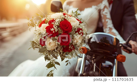AI-generated content. Bride groom wedding couple with red flowers bouquet on horseback riding, generated AI 111701635
