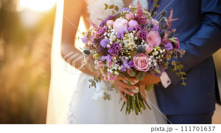 AI-generated content. A bride and groom are holding a bouquet of purple and pink flowers, generated AI 111701637