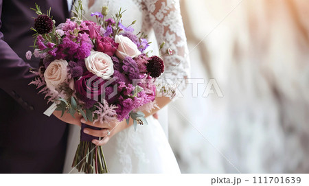 AI-generated content. Bride and groom holding a bouquet of purple flowers, generated AI 111701639