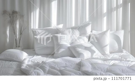 Bright and airy bedroom with white bedding and sheer curtains. peaceful room decor and design. perfect for home interiors magazine. AI 111701771
