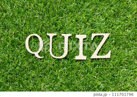 Wood letter in word quiz on green grass background Wood letter in word quiz on green grass background 111701796
