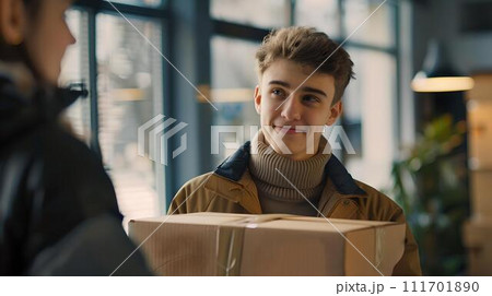 Young man receiving a package with a smile. casual style, personal delivery service concept. everyday life depiction. AI Young man receiving a package with a smile. casual style, personal delivery service concept. everyday life depiction. AI 111701890
