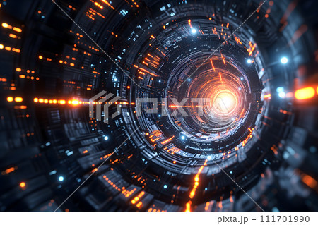 AI-generated content. Abstract cyber tunnel with diminishing perspective for technological singularity concept 111701990