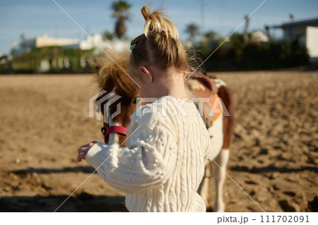 Rear view of a little child girl with a pony on the sandy beach 111702091