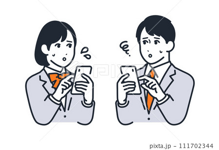 困った表情でスマートフォンを見る男女の学生のシンプルなベクターイラスト素材 111702344